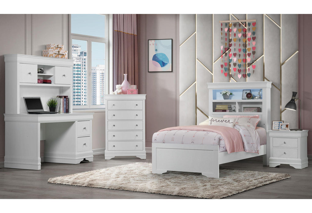 POMPEI METALLIC WHITE BOOKCASE TWIN BED, DRESSER, MIRROR AND NIGHTSTAND image